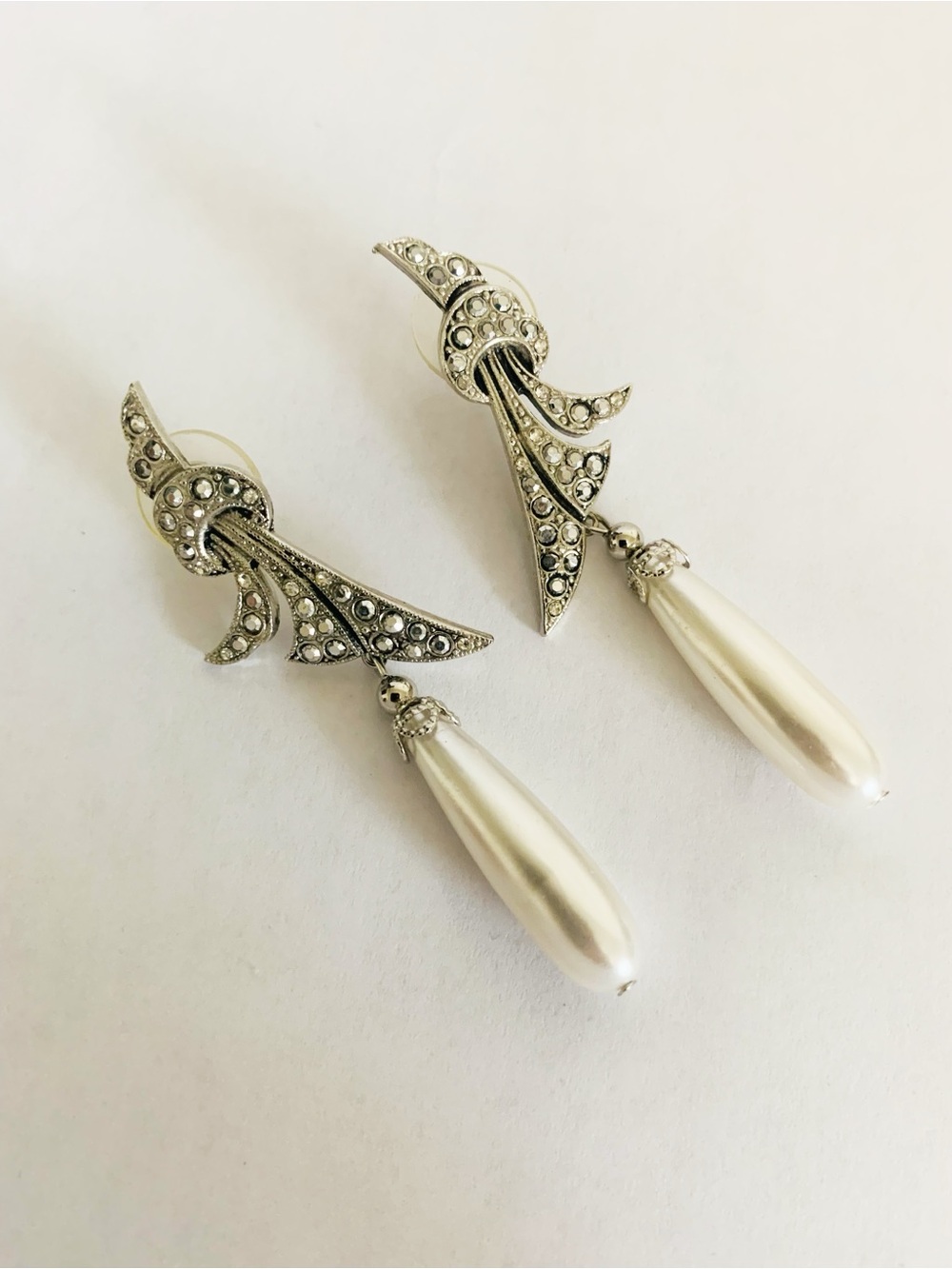 Vintage Kirks Folly Silvertone Dangle Earrings Faux Pearl Drops and Rhinestones